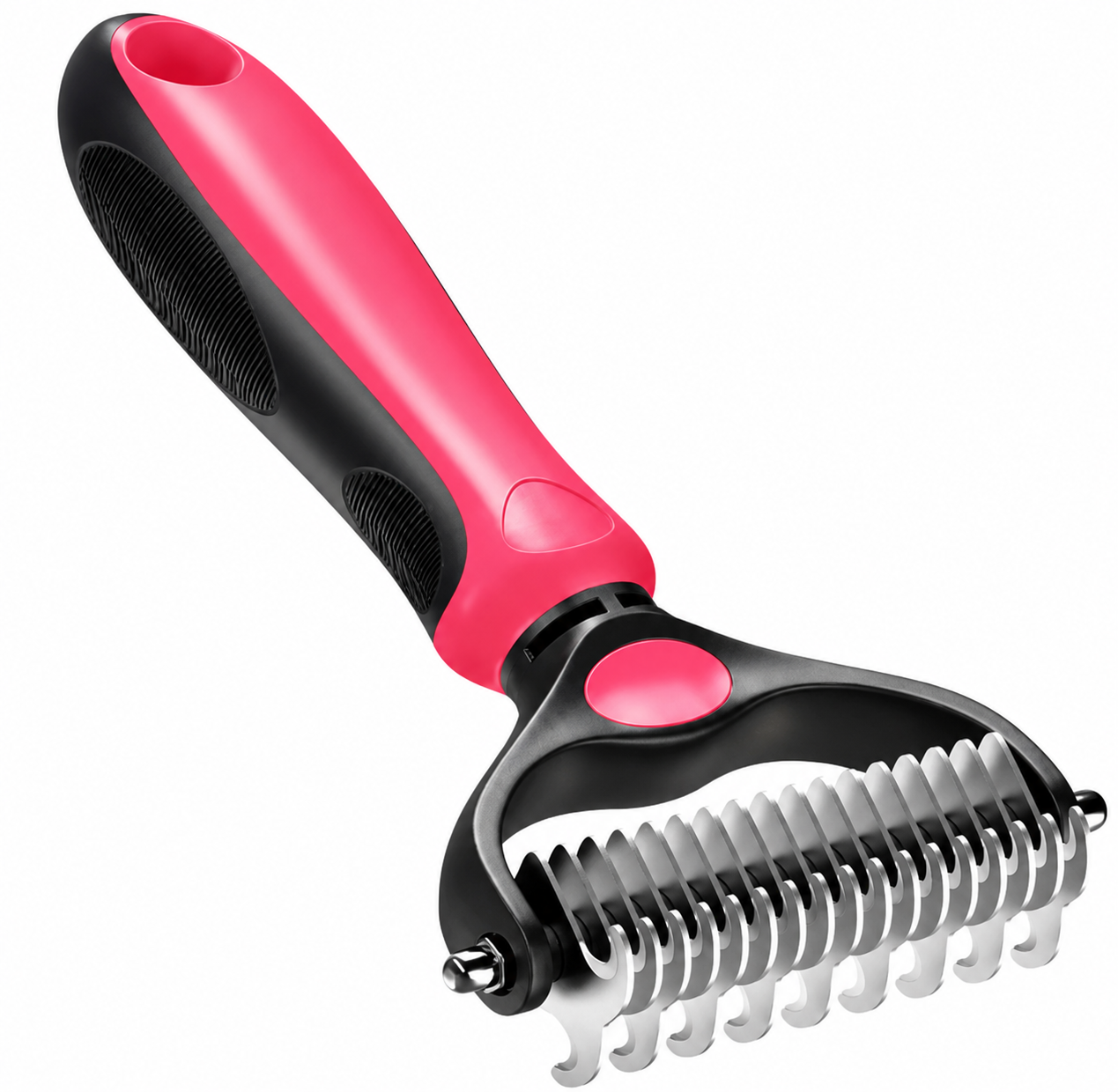 Ergonomic pet grooming tool with pink and black handle and stainless steel blade