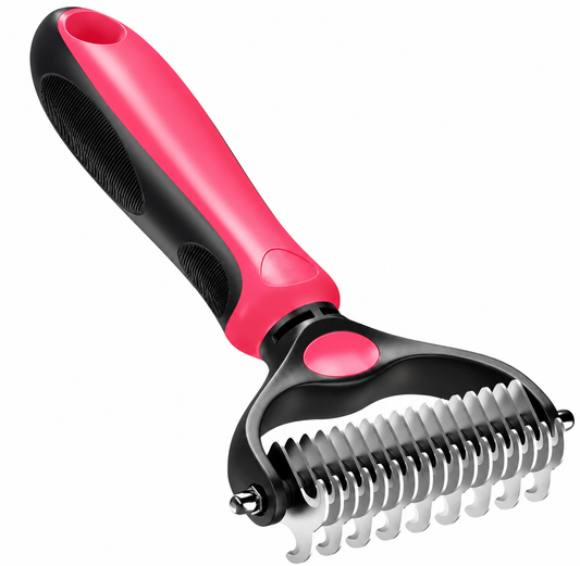 Ergonomic pet grooming tool with pink and black handle and stainless steel blade