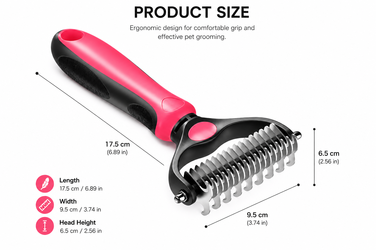 Ergonomic pink and black pet grooming tool with measurements displayed