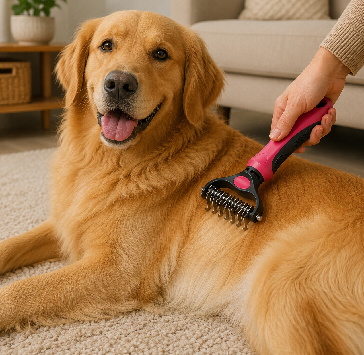 Happy golden retriever being groomed with a pink brush indoors