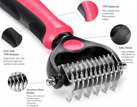 Pink and black pet grooming tool with labeled parts and attachments