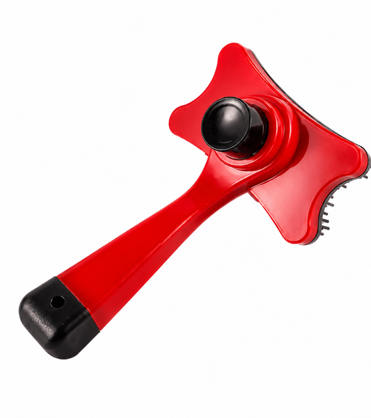 Red-handled pizza cutter with a black wheel and sharp blade on white