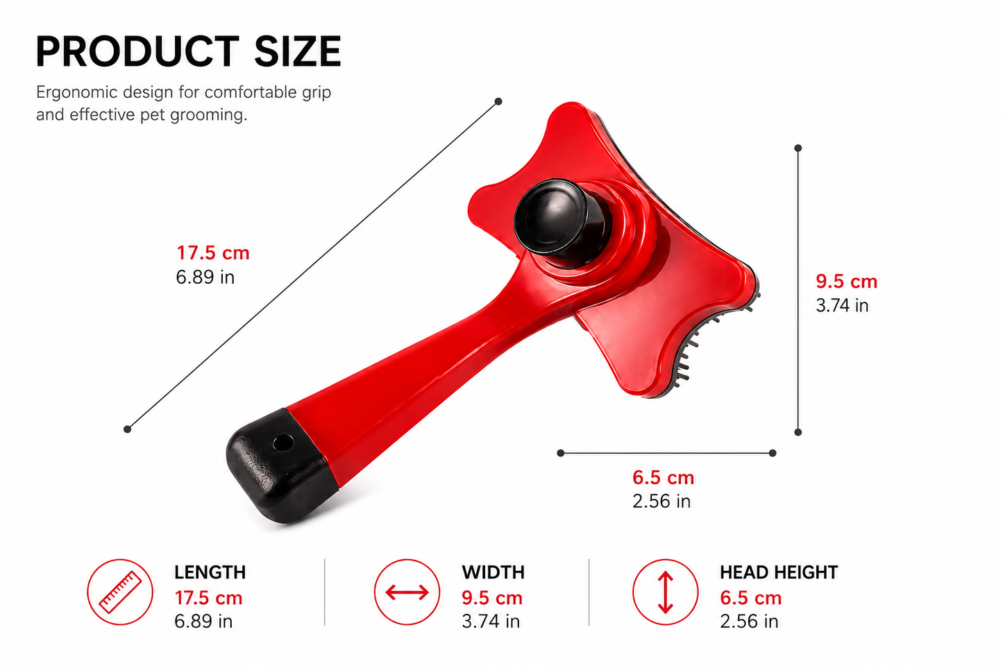 Red plastic hand grip garden tool with measurements and dimensions displayed