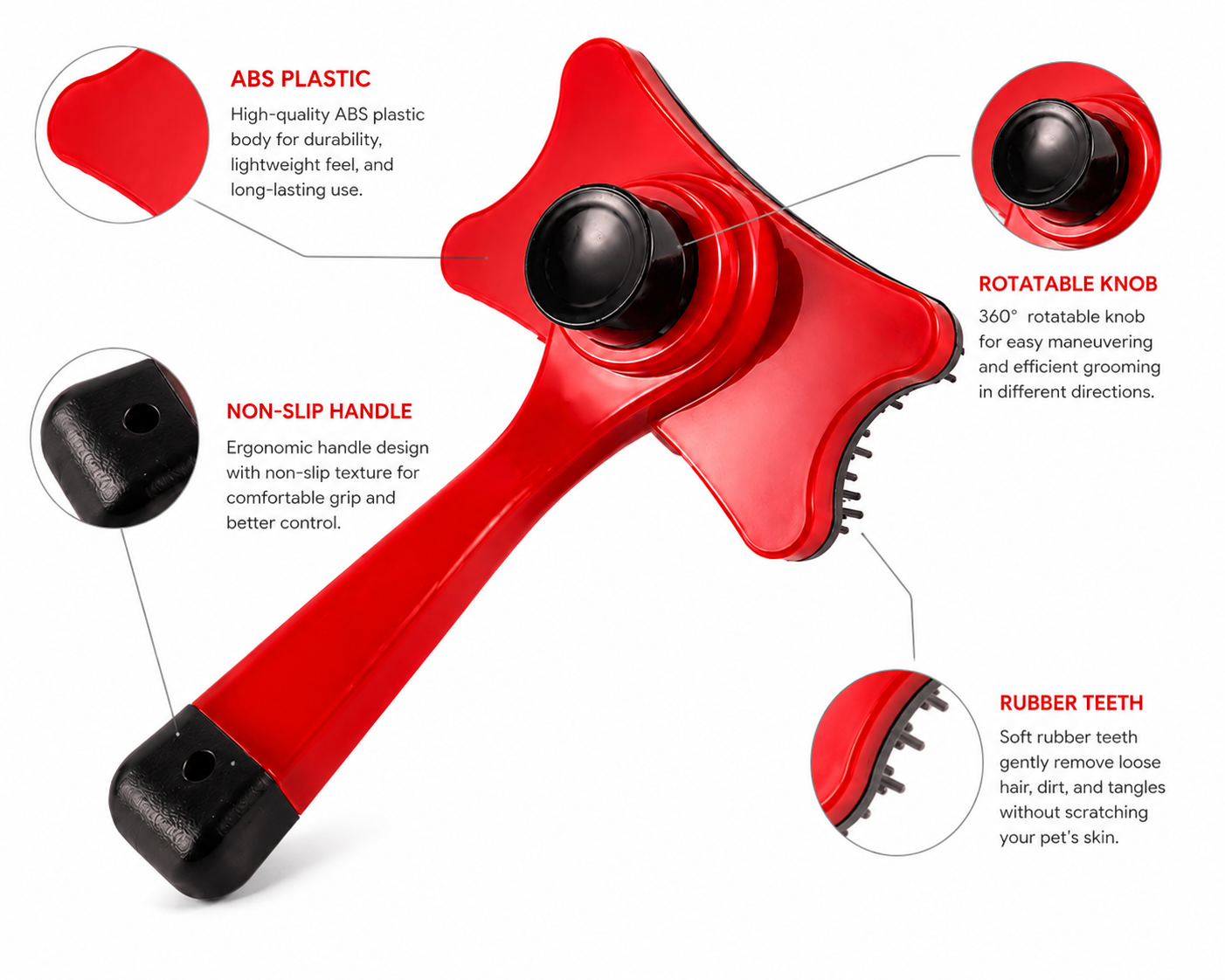 Red tape dispenser with labeled parts including ABS plastic handle and rubber