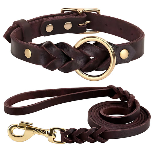 Genuine Leather Dog Collar & Lead Set – Braided Heavy Duty Leash