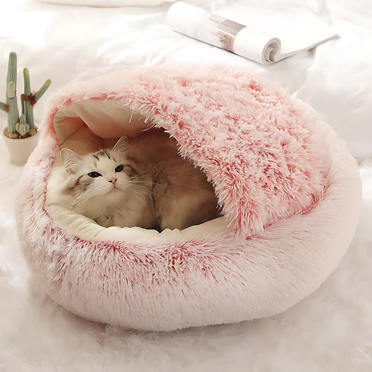Round Plush Cat & Small Dog Bed – Warm Soft Sleeping Nest with Cover